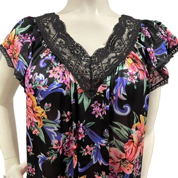 VTG Vanity Fair Floral Nylon Nightgown M Black Pink Lace Trim Made in USA‎ - Picture 4 of 15